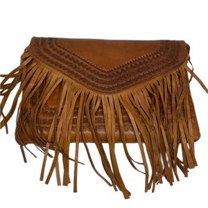 NWOT Tooled Leather Fringe Purse with Adjustable Strap